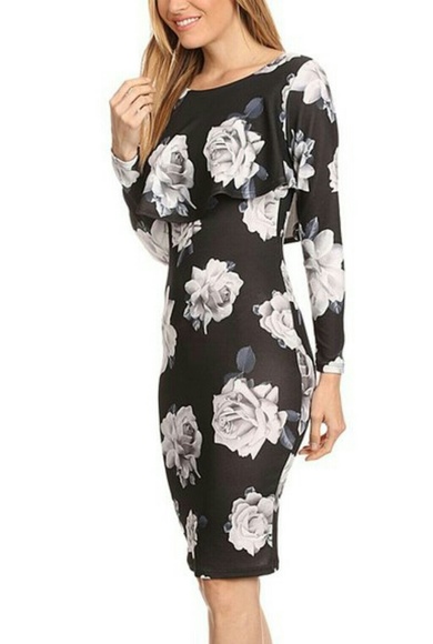 Gray Floral Ruffle Bodice Bodycon Dress - - Picture 2 of 4